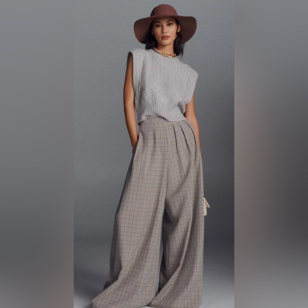 Corey Lynn Calter Gray Checkered Wide-Leg Pants